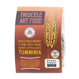 Grani Antichi Siciliani - Varietà TUMMINIA o Timilia (Triticum durum Desf. var. affine Koern).<br>GRANO MACINATO A PIETRA. Origine del grano: Italia – Sicilia | Paese di molitura: Italia - Sicilia<br>LAVORAZIONE. Trafilatura: lenta al Bronzo - Essiccazione: lungo processo a bassa temperatura